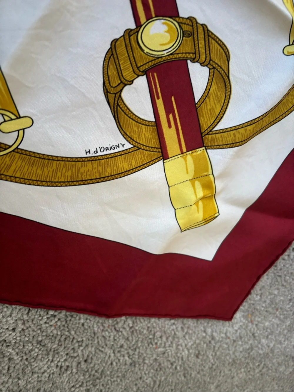 Hermes Silk Scarf in Burgundy, White and GoldAuthentic HERMES Scarf 